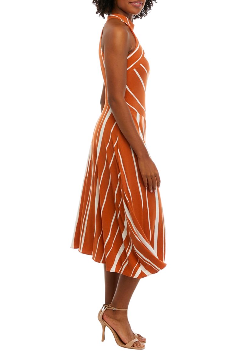 Womens Sleeveless Halter Stripe Asymmetrical Midi Dress