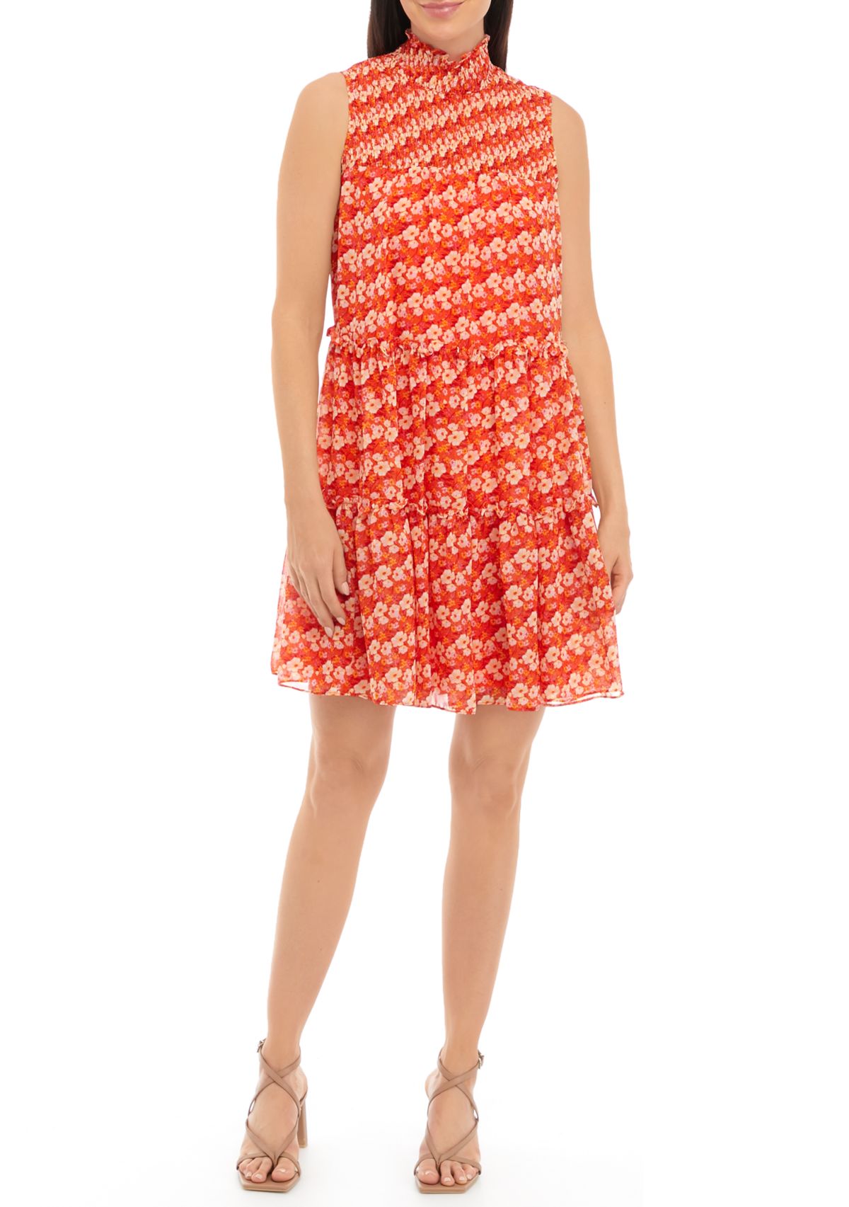 Womens Sleeveless Mock Neck Floral Dress