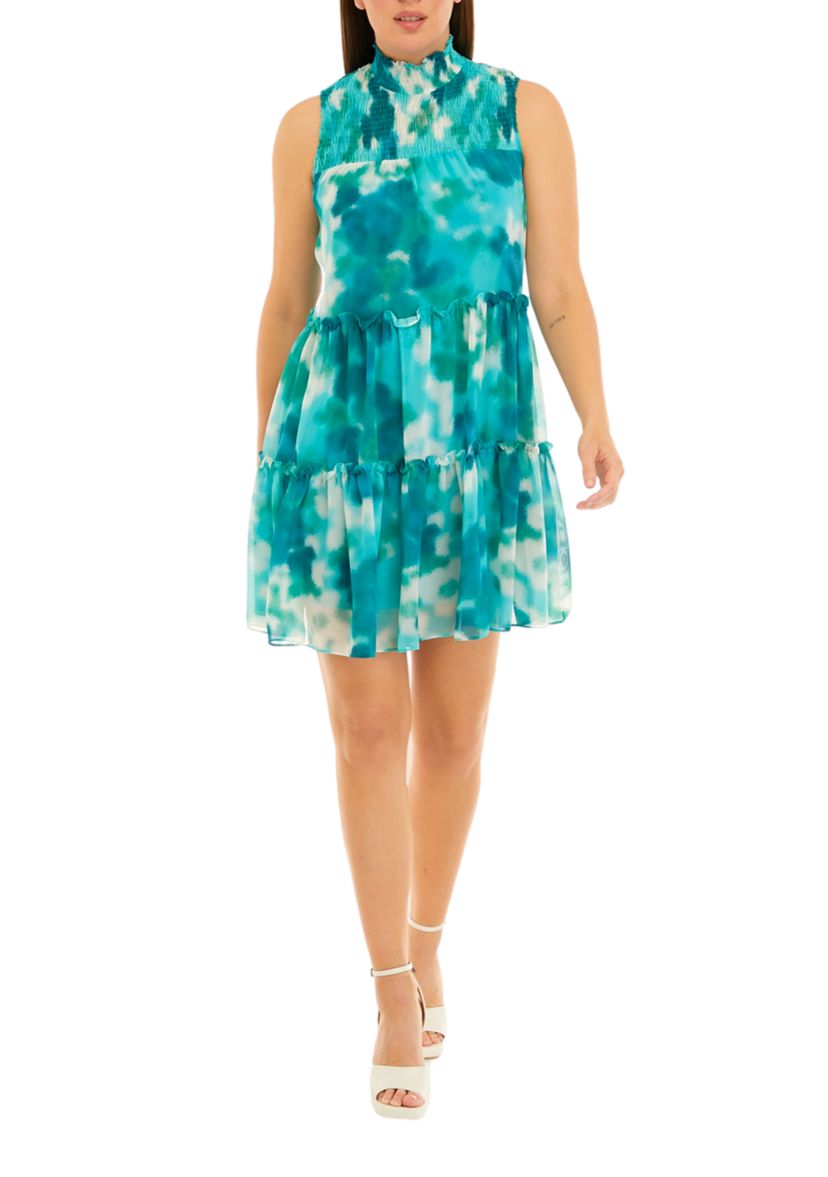 Womens Sleeveless Turtleneck Ruffle Trim Printed A-Line Dress