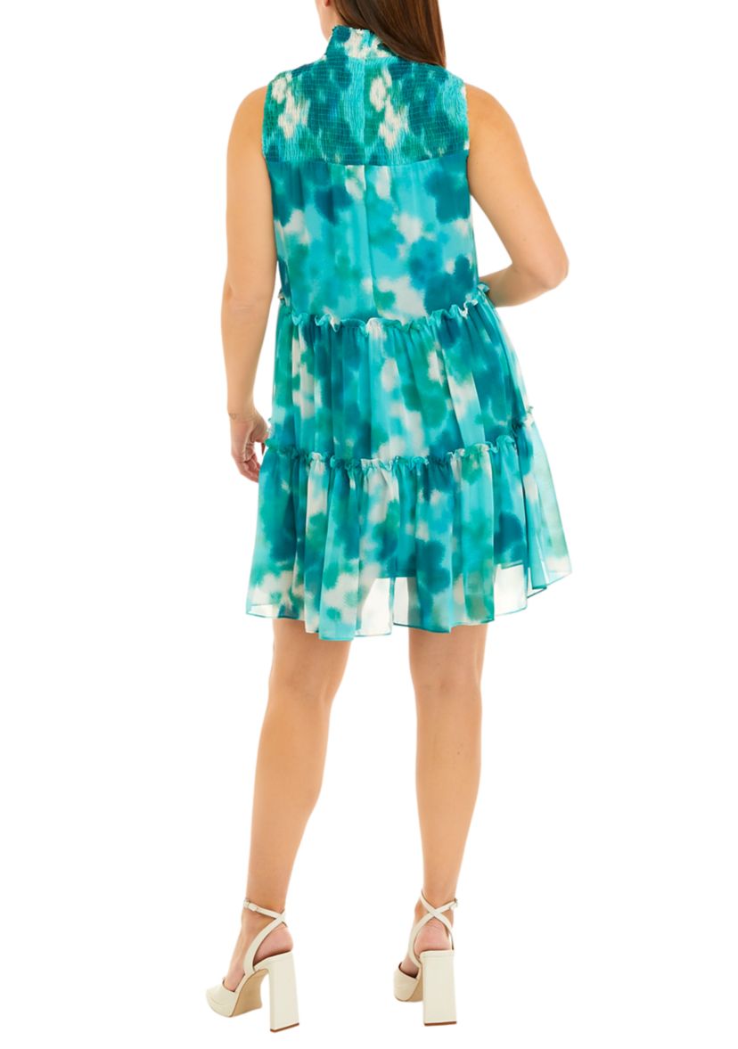 Womens Sleeveless Turtleneck Ruffle Trim Printed A-Line Dress