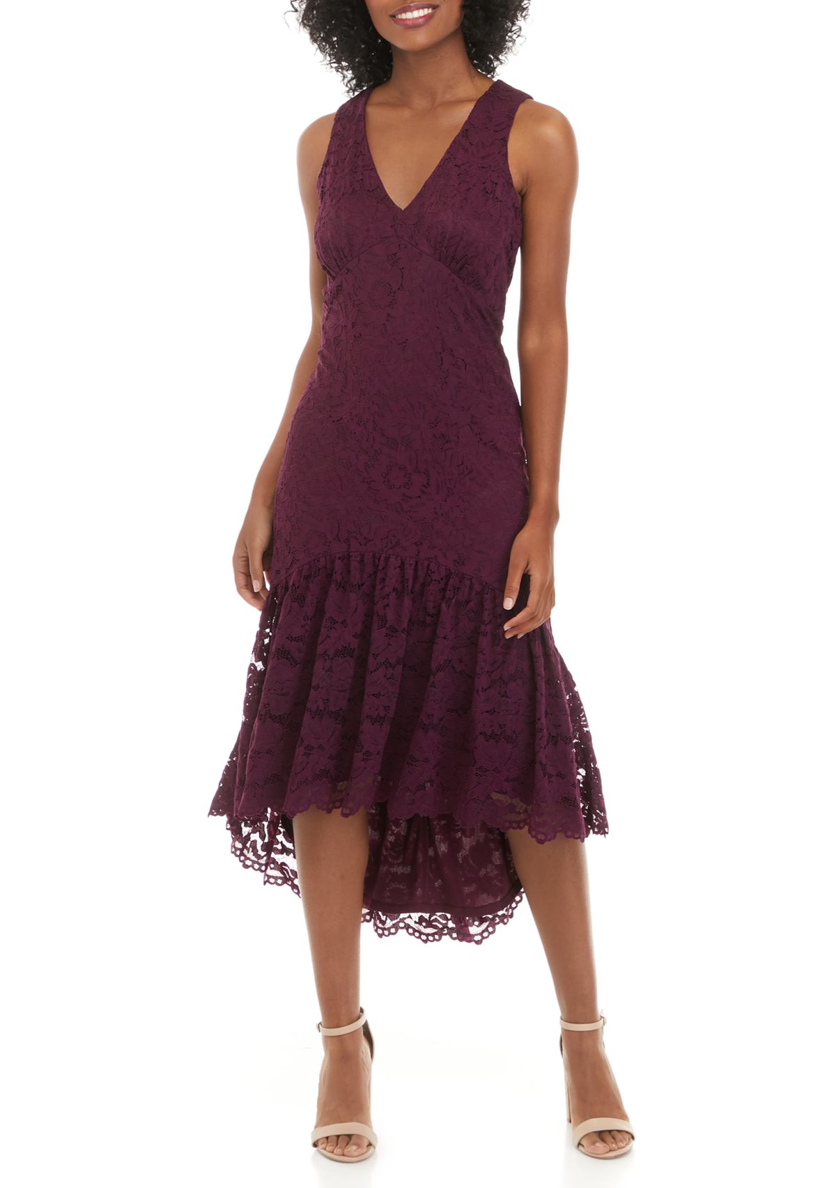 Womens Sleeveless V-Neck Lace Fit-and-Flare Midi Dress 