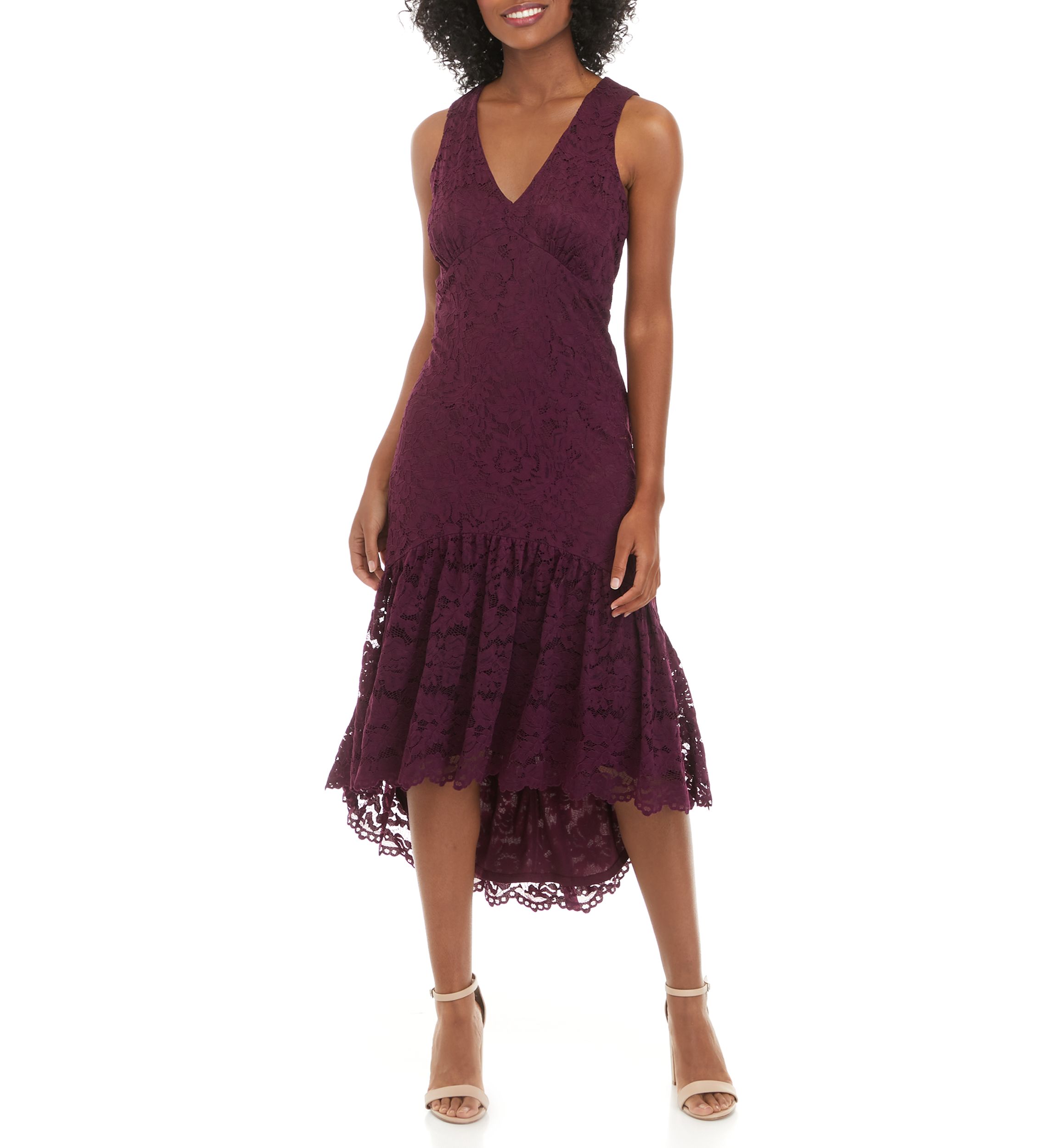 Womens Sleeveless V-Neck Lace Fit-and-Flare Midi Dress 