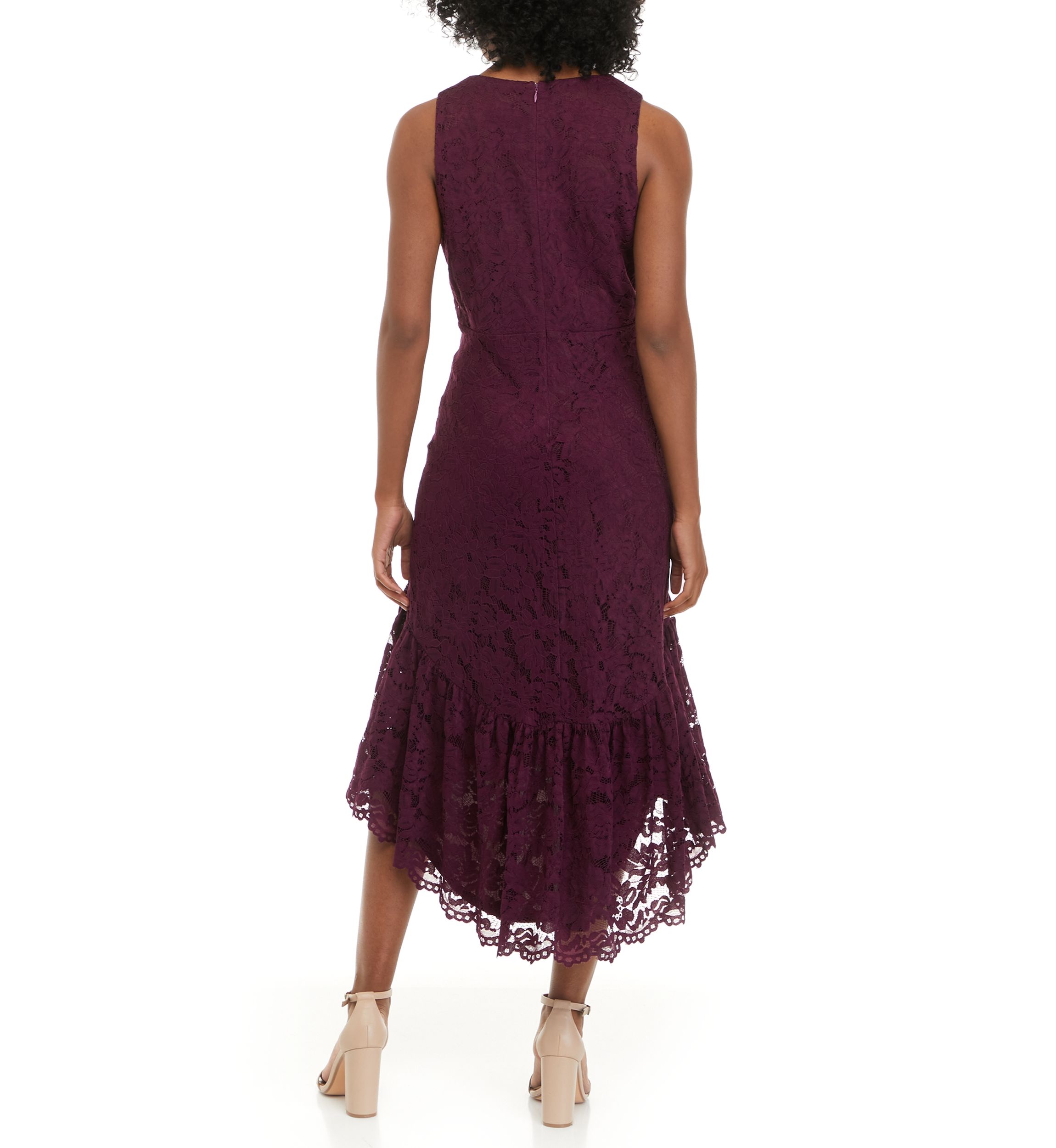 Womens Sleeveless V-Neck Lace Fit-and-Flare Midi Dress 