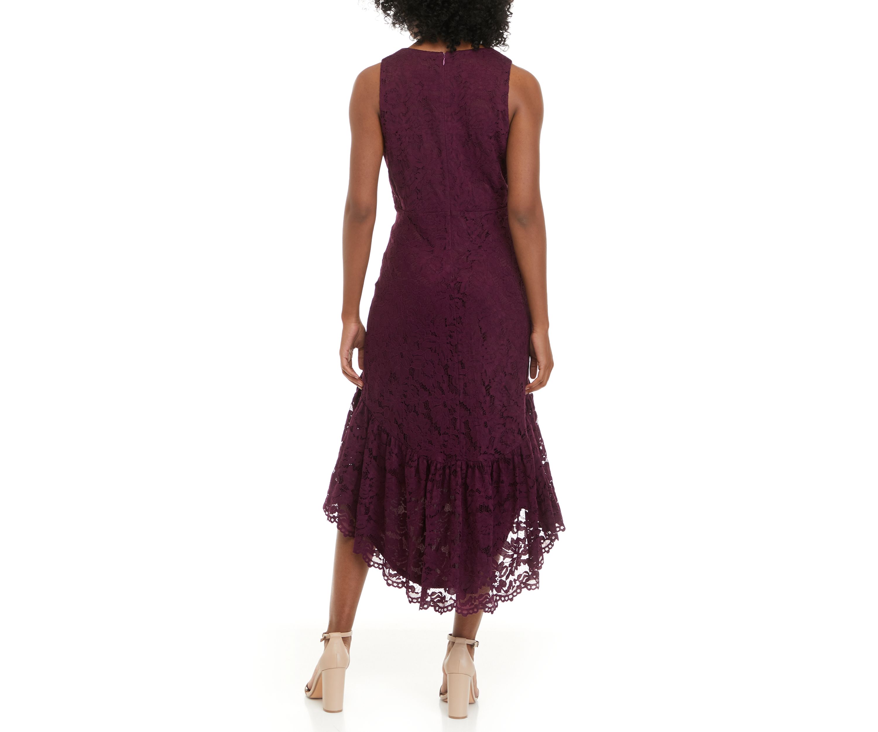 Womens Sleeveless V-Neck Lace Fit-and-Flare Midi Dress 