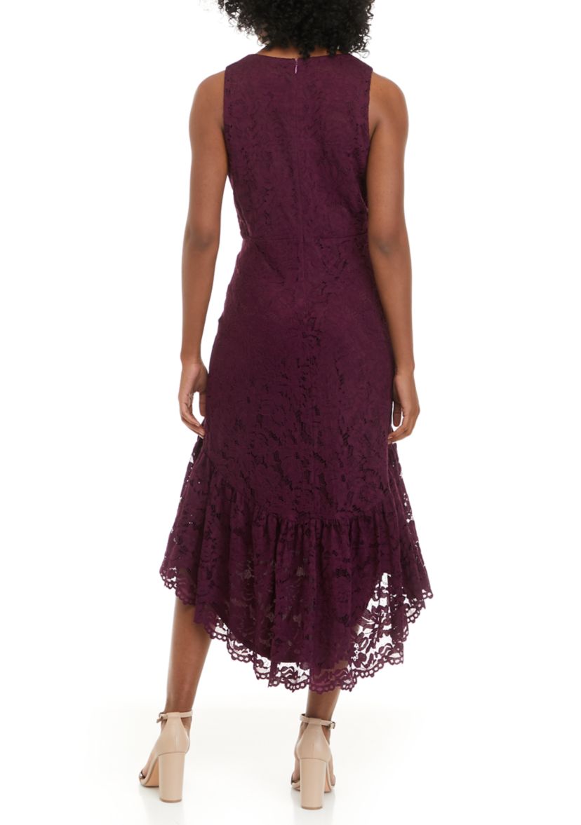 Womens Sleeveless V-Neck Lace Fit-and-Flare Midi Dress 