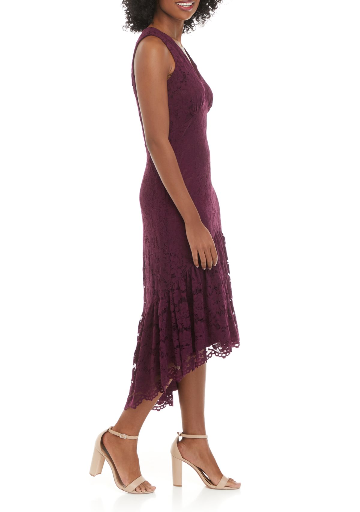 Womens Sleeveless V-Neck Lace Fit-and-Flare Midi Dress 