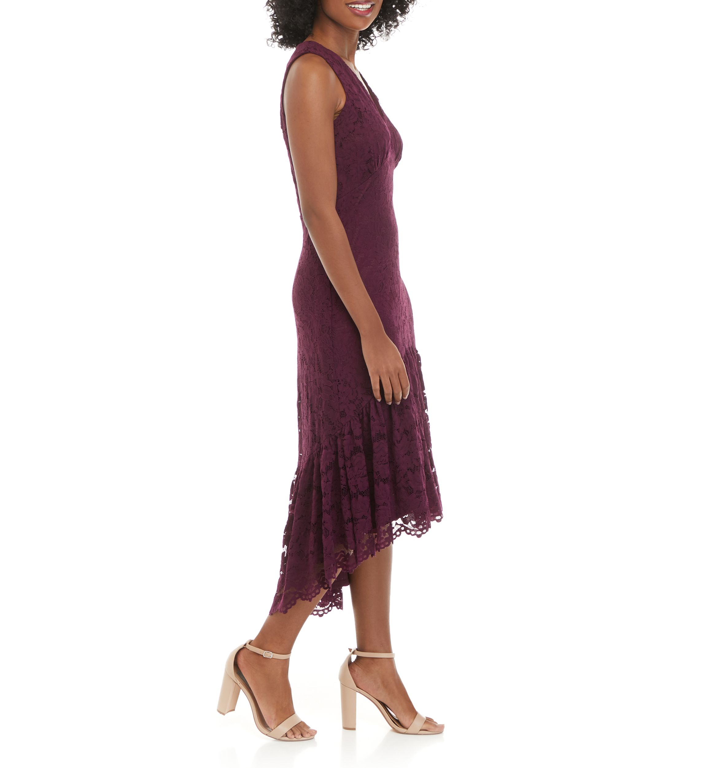 Womens Sleeveless V-Neck Lace Fit-and-Flare Midi Dress 