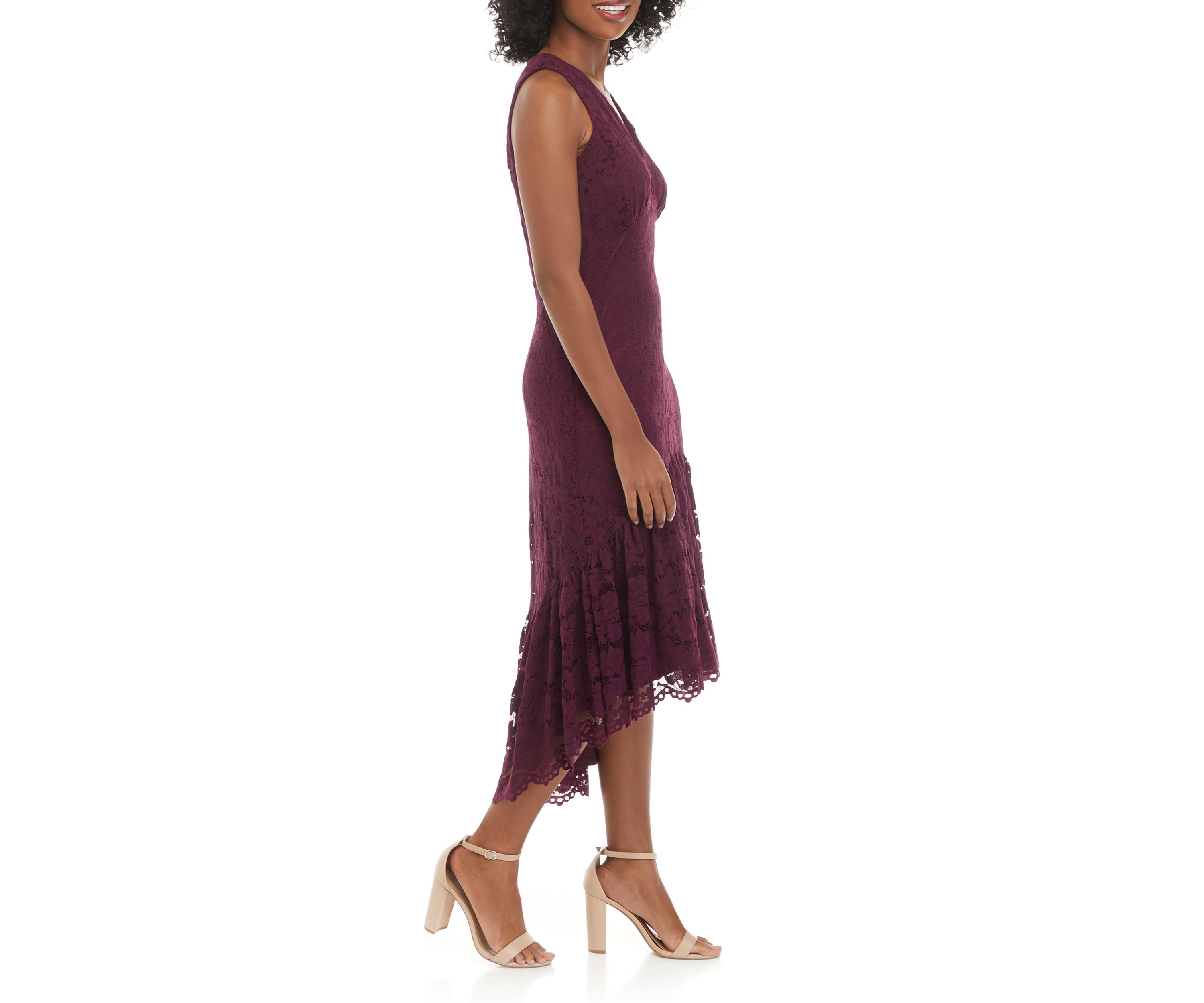 Womens Sleeveless V-Neck Lace Fit-and-Flare Midi Dress 