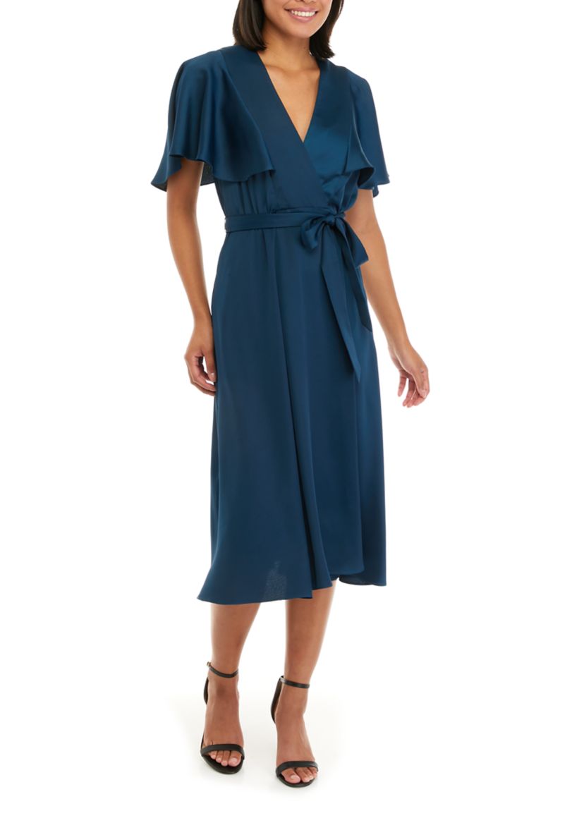 satin surplice dress Green Satin Surplice Long Sleeve Wrap Skirt Mini Dress