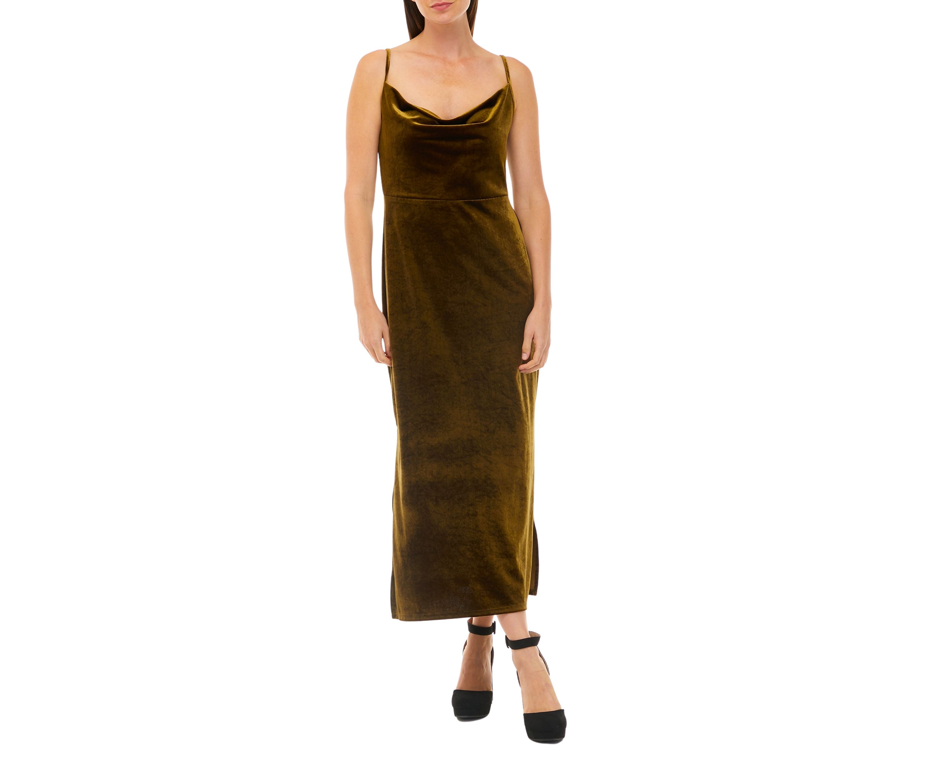 Womens Sleeveless Cami Cowl Neck Solid Velvet Dress