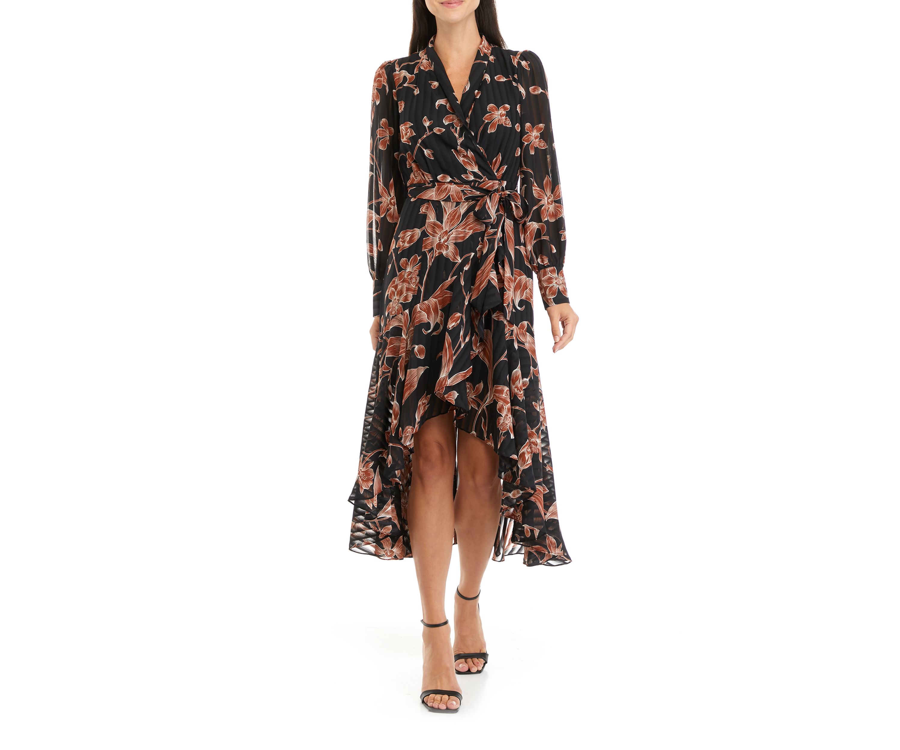 Womens Long Sleeve Floral Print Satin Stripe Midi Dress