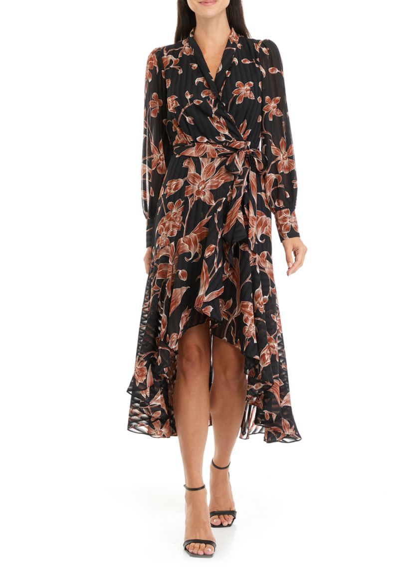Womens Long Sleeve Floral Print Satin Stripe Midi Dress