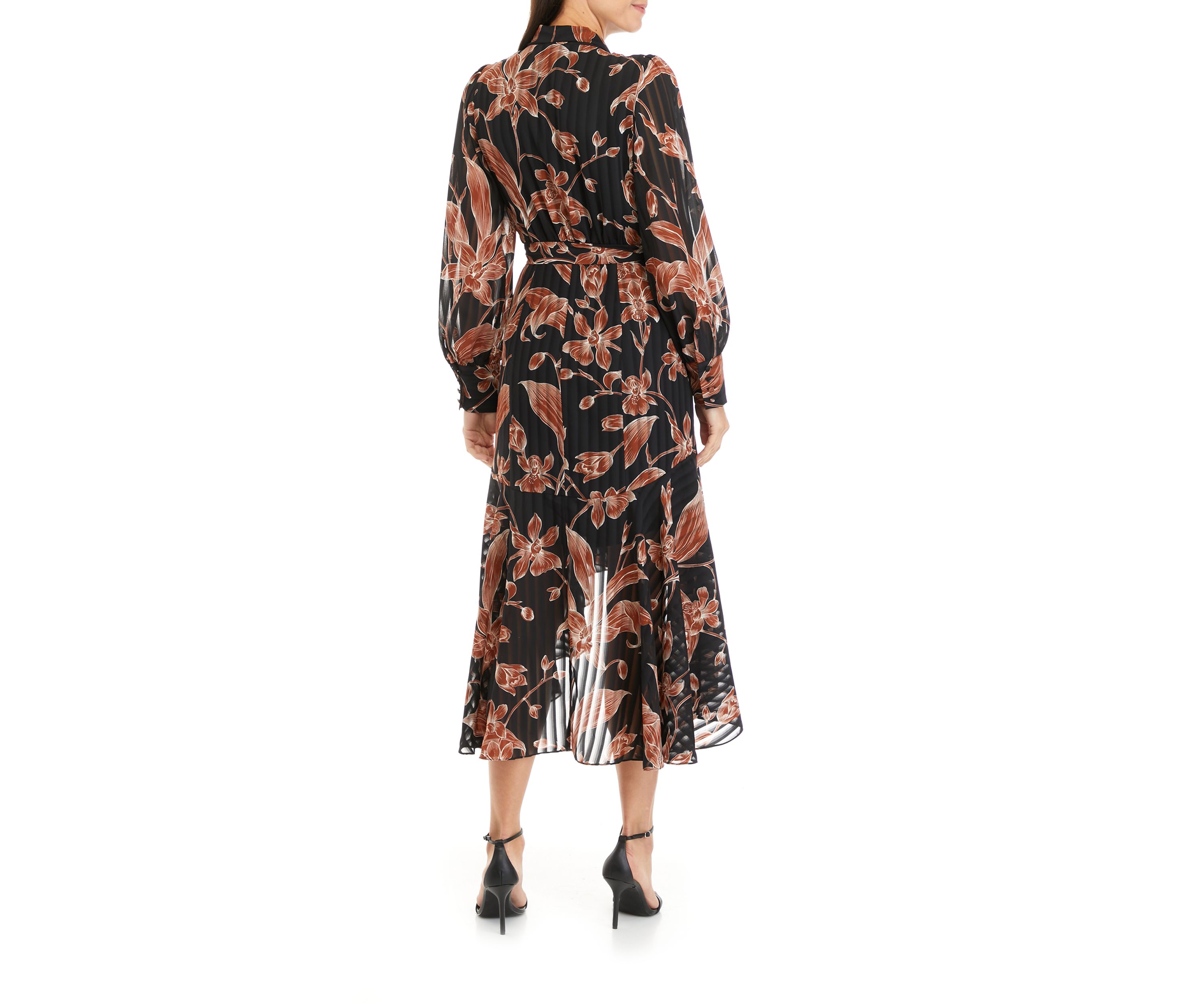 Womens Long Sleeve Floral Print Satin Stripe Midi Dress