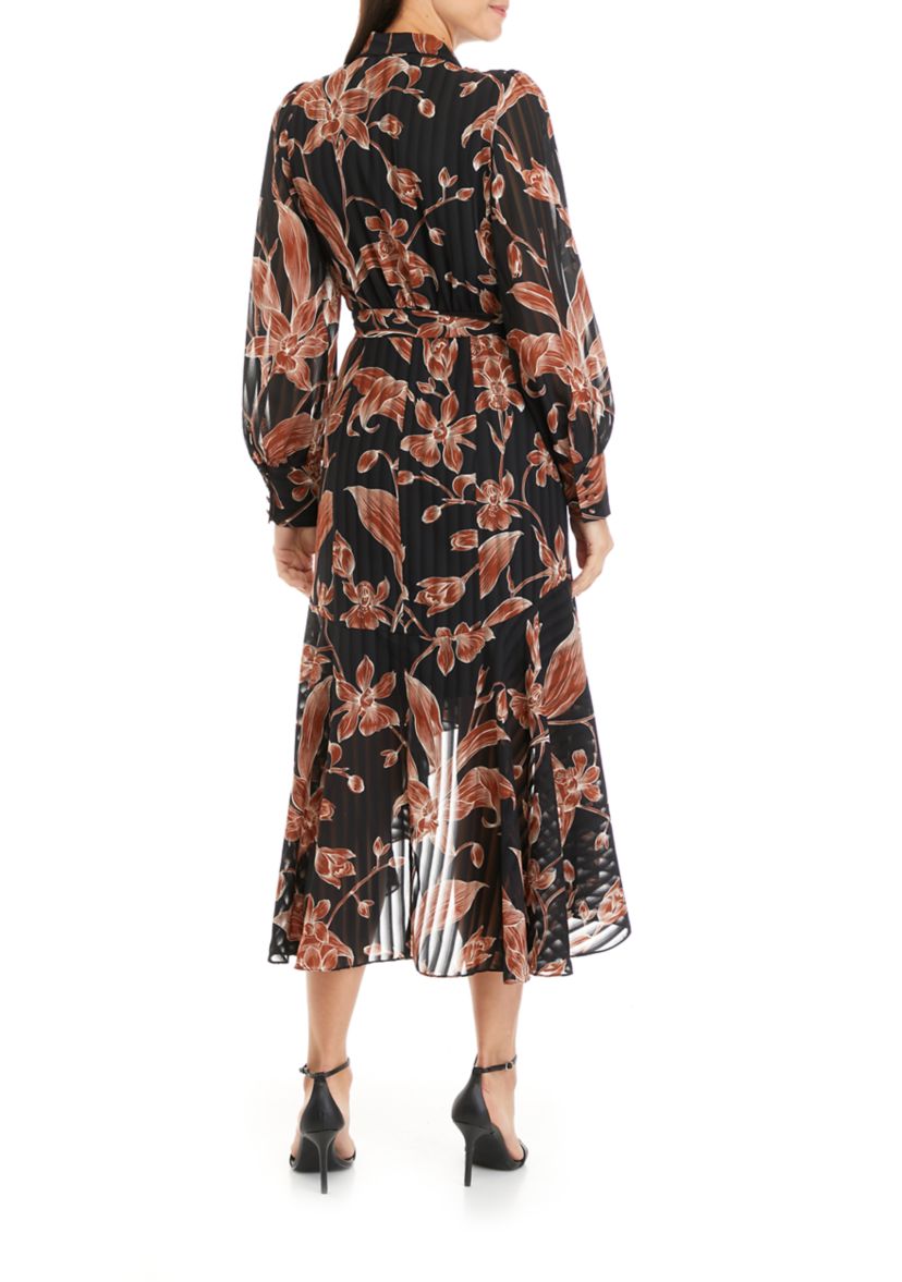 Womens Long Sleeve Floral Print Satin Stripe Midi Dress