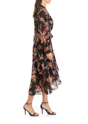 Women's Long Sleeve Floral Print Satin Stripe Midi Dress