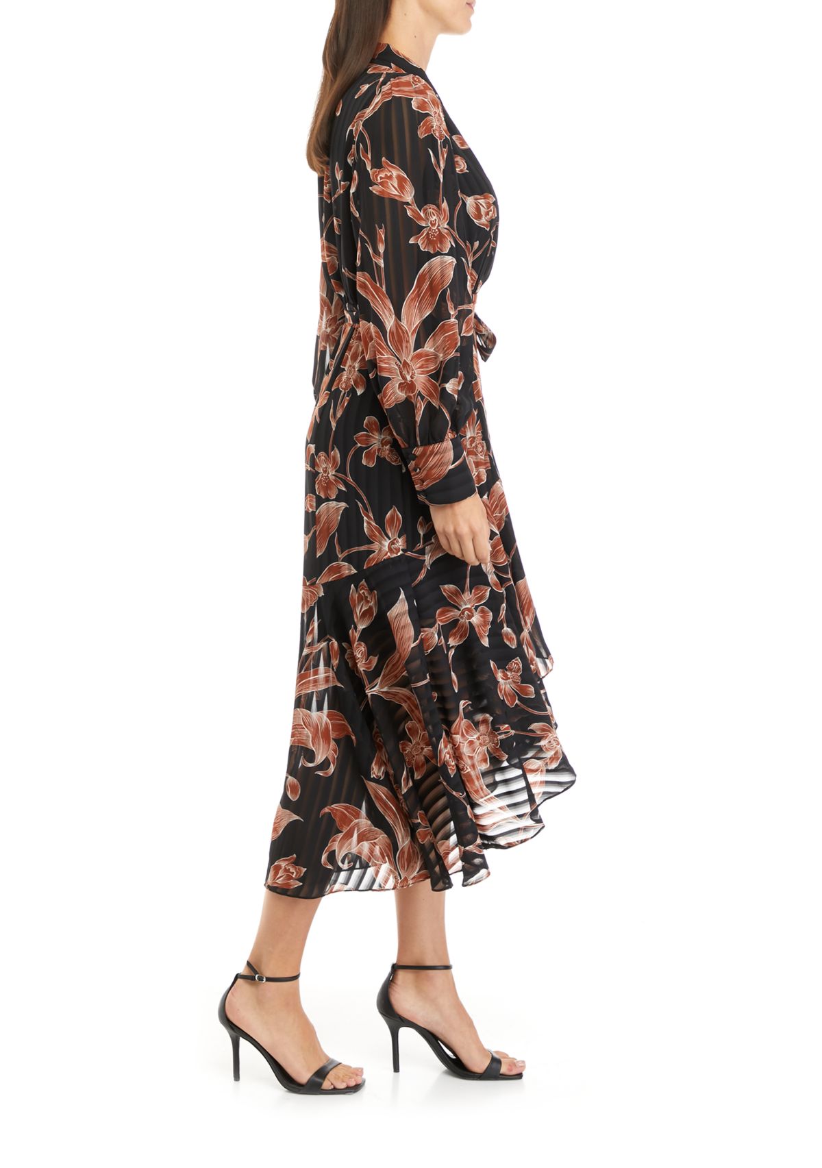 Womens Long Sleeve Floral Print Satin Stripe Midi Dress