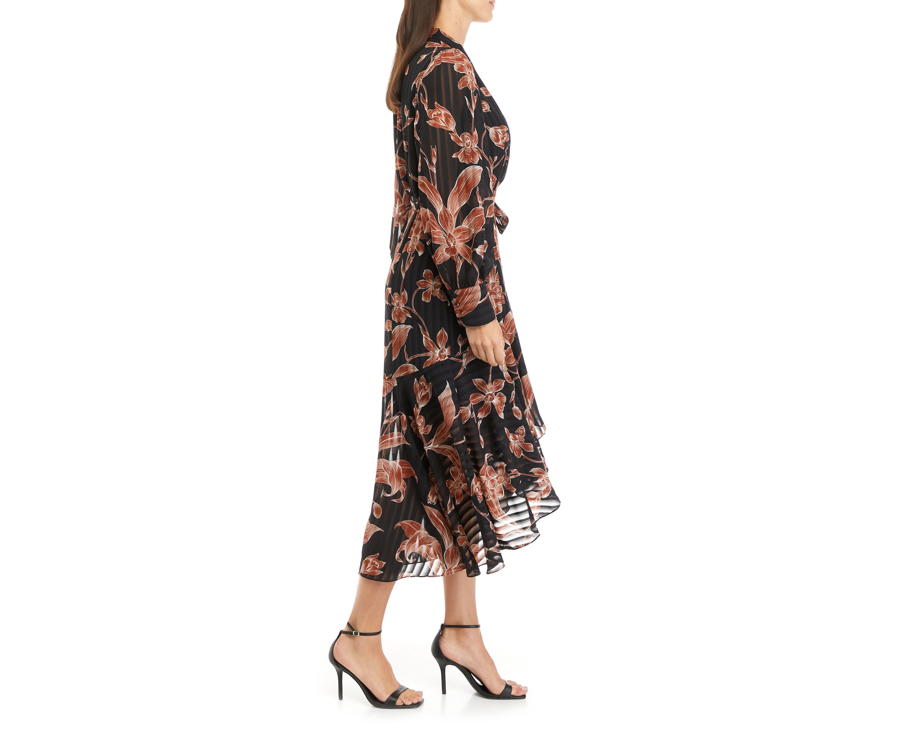 Womens Long Sleeve Floral Print Satin Stripe Midi Dress