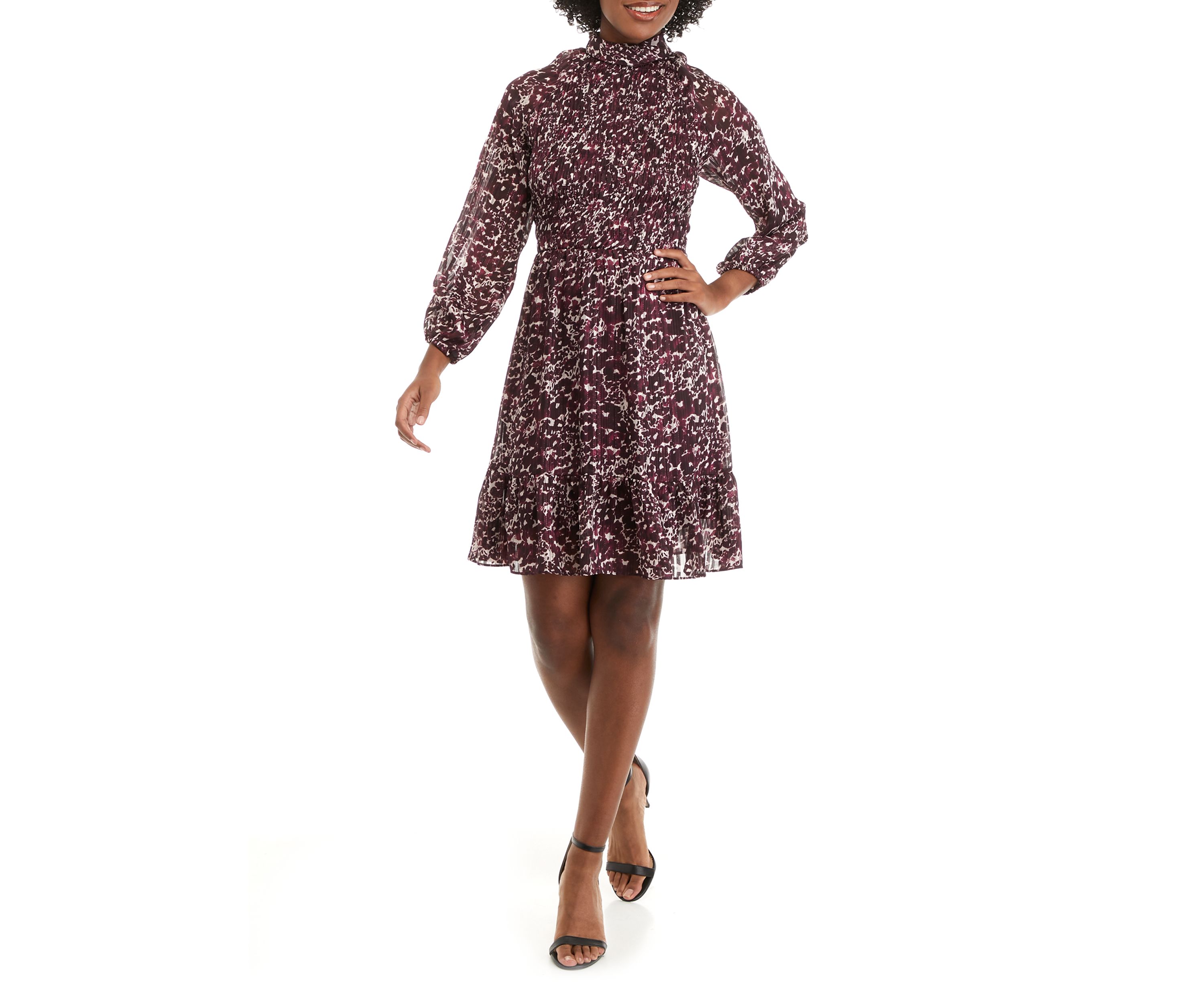 Womens Long Sleeve Mock Neck Printed Chiffon Dress