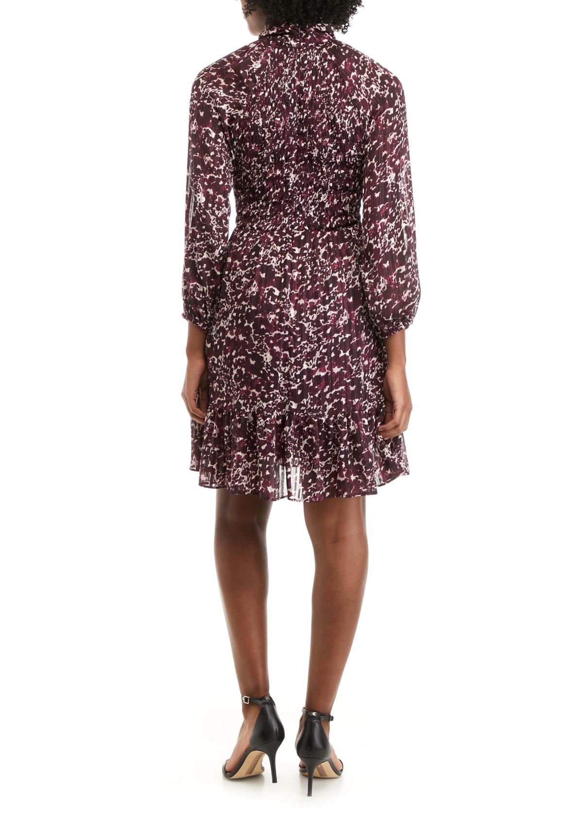 Womens Long Sleeve Mock Neck Printed Chiffon Dress