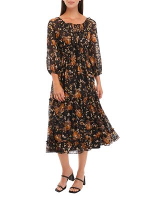 Women's 3/4 Sleeve V-Neck Floral Print Fit and Flare Dress