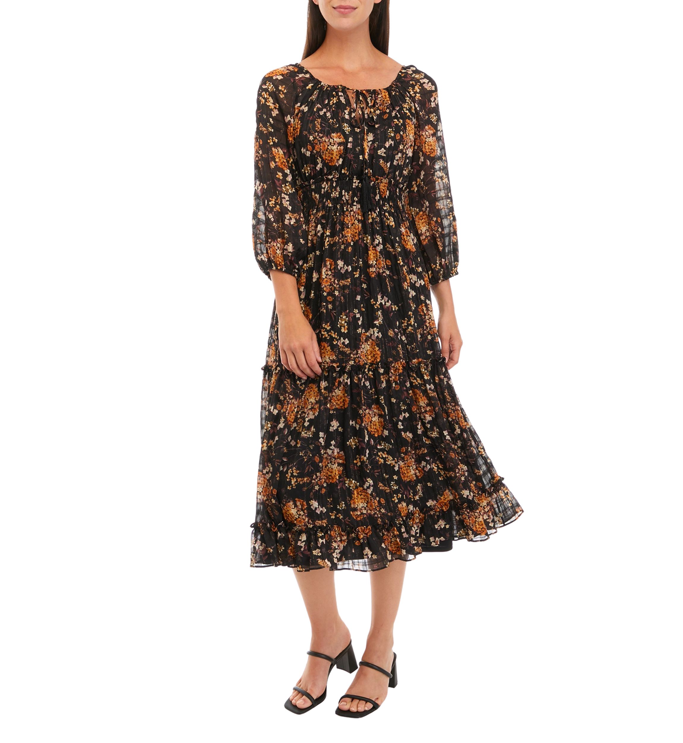 Womens 3/4 Sleeve V-Neck Floral Print Fit and Flare Dress