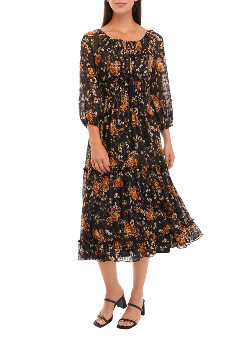Womens 3/4 Sleeve V-Neck Floral Print Fit and Flare Dress