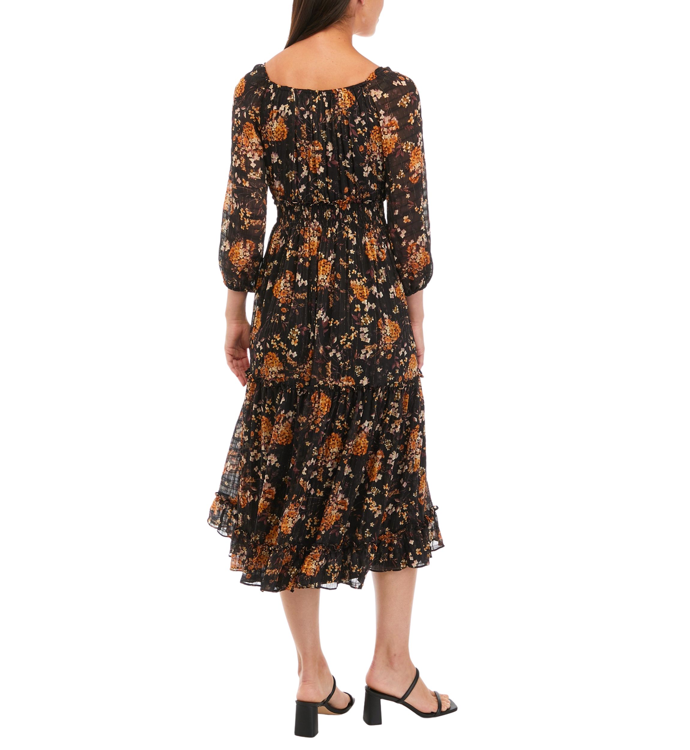 Womens 3/4 Sleeve V-Neck Floral Print Fit and Flare Dress