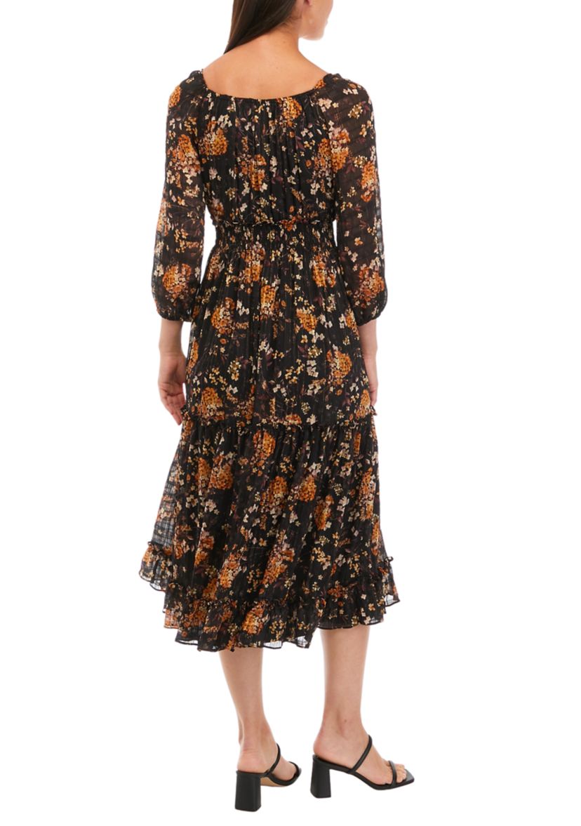Womens 3/4 Sleeve V-Neck Floral Print Fit and Flare Dress