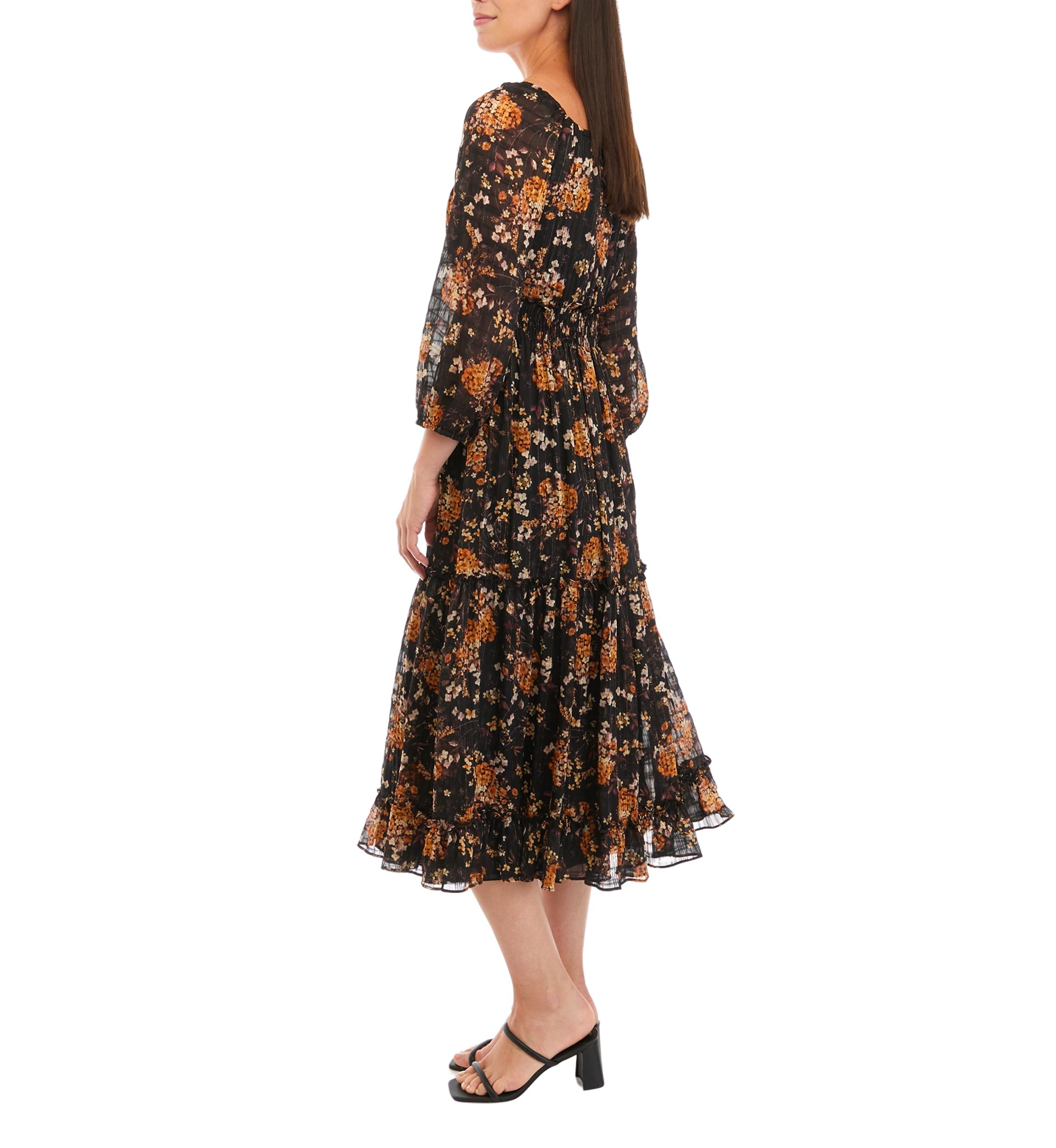 Womens 3/4 Sleeve V-Neck Floral Print Fit and Flare Dress
