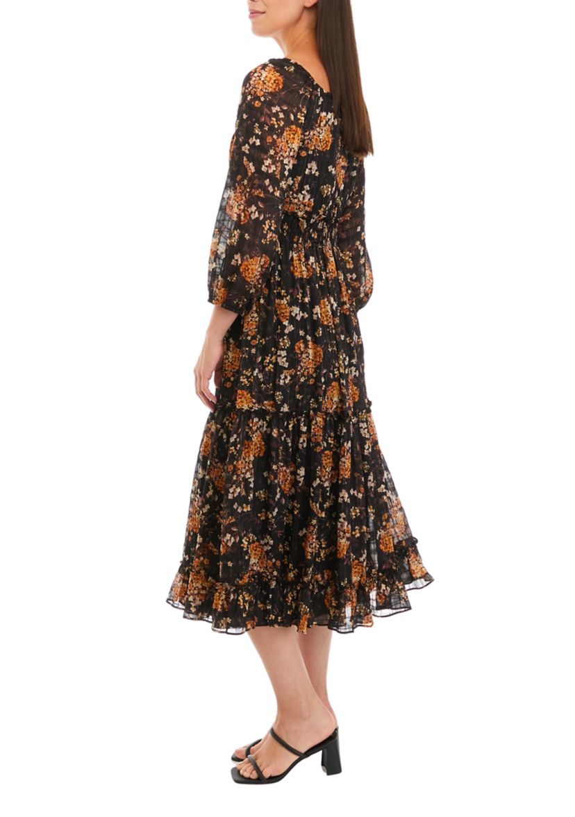 Womens 3/4 Sleeve V-Neck Floral Print Fit and Flare Dress