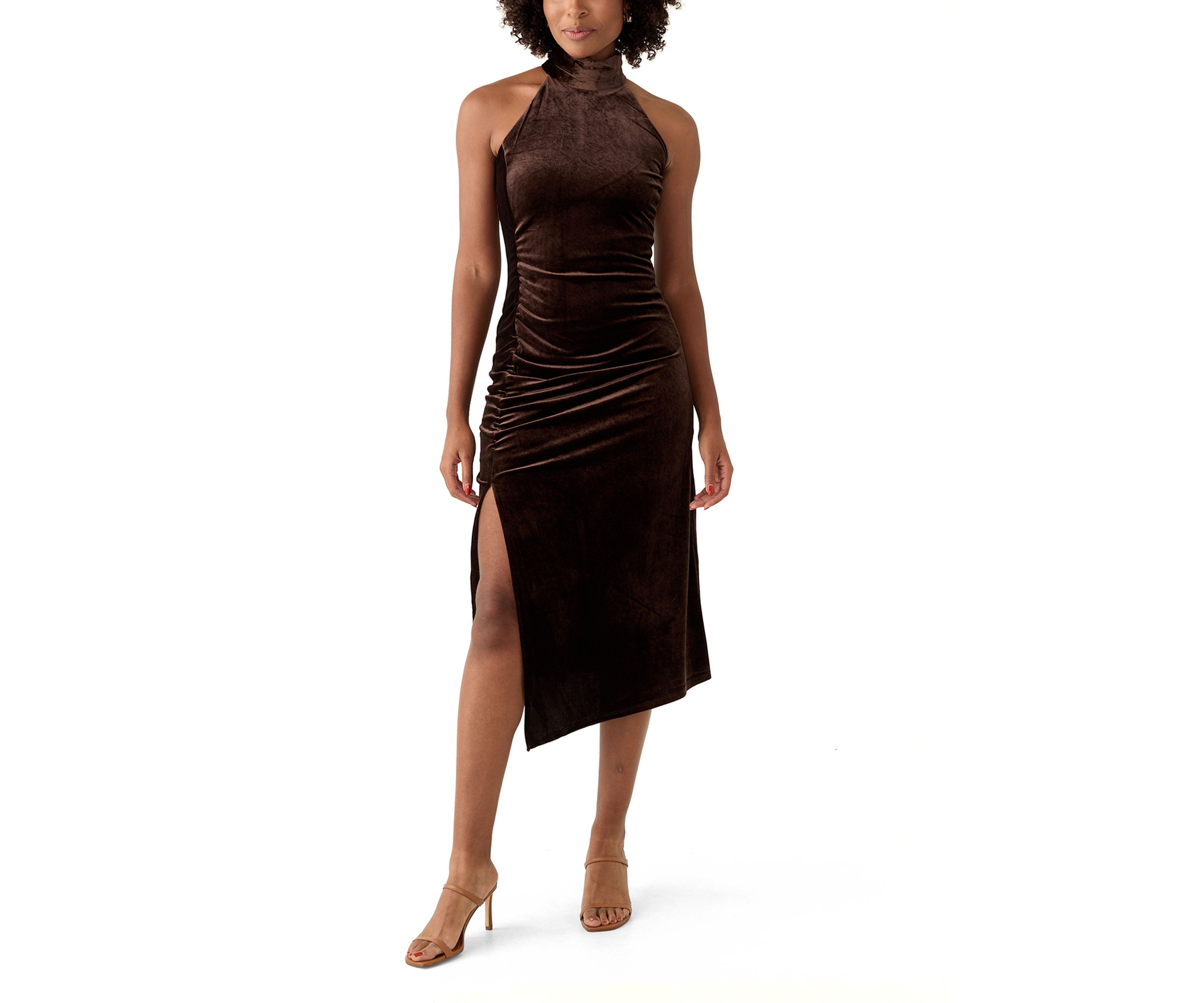 Womens Sleeveless Halter Neck Side Ruched Slit Midi Dress