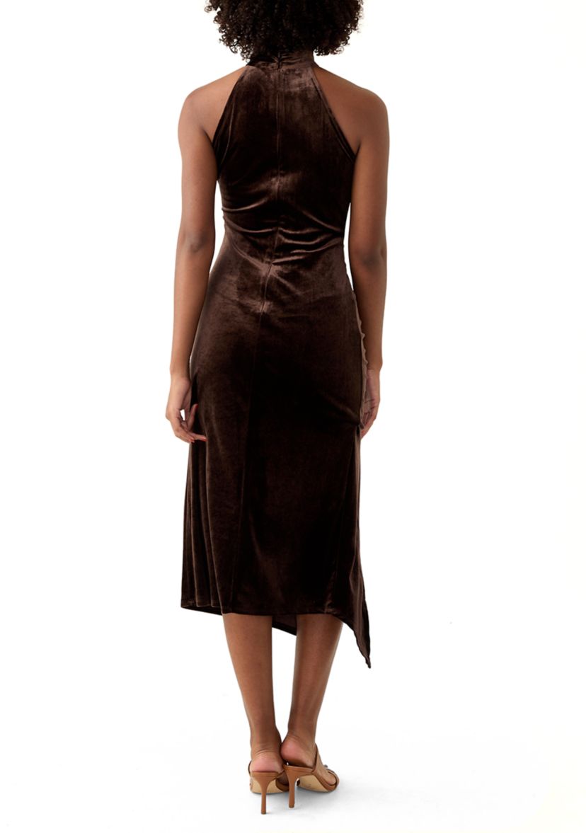 Womens Sleeveless Halter Neck Side Ruched Slit Midi Dress