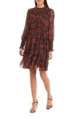 Women's Long Sleeve Mock Neck Printed Tiered Chiffon Dress