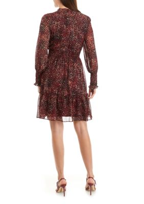 Women's Long Sleeve Mock Neck Printed Tiered Chiffon Dress