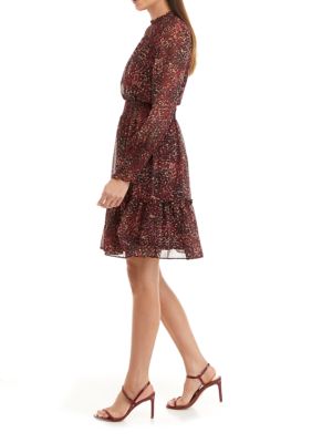 Women's Long Sleeve Mock Neck Printed Tiered Chiffon Dress