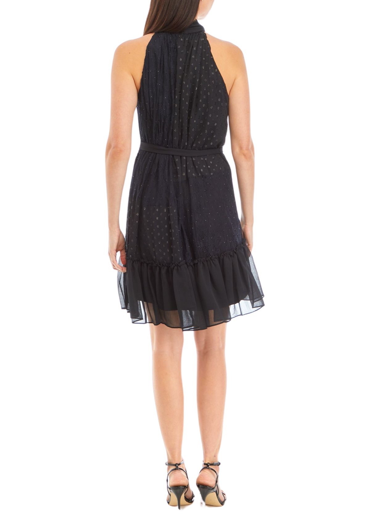 Womens Sleeveless Halter Neck Tie Waist Fit and Flare Dress