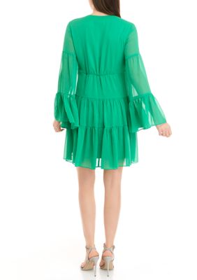 Women's Long Sleeve V-Neck Button Up Ruffle Trim Solid A-Line Dress