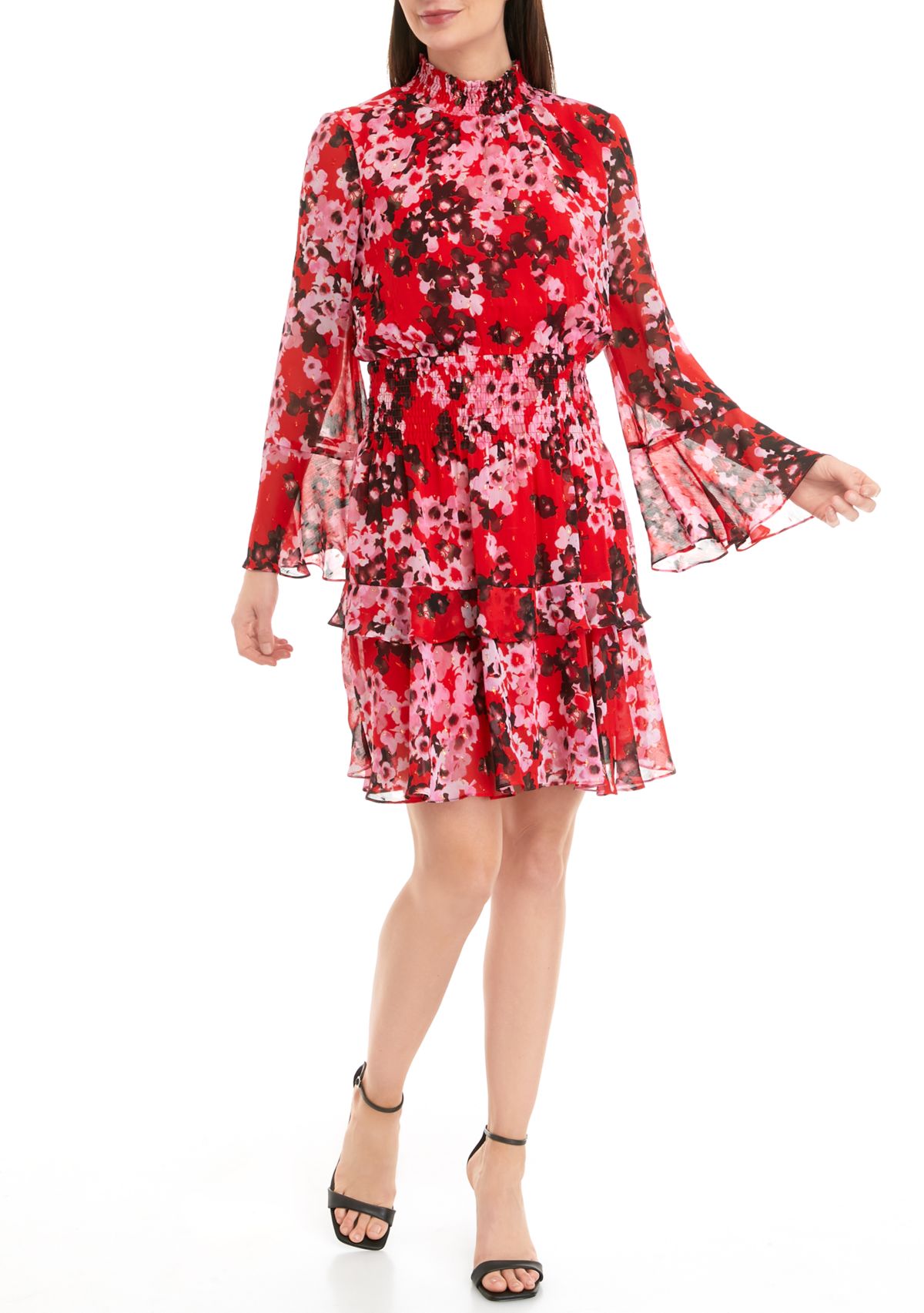 Womens Long Sleeve Mock Neck Smocked Waist Floral Print Fit and Flare Dress