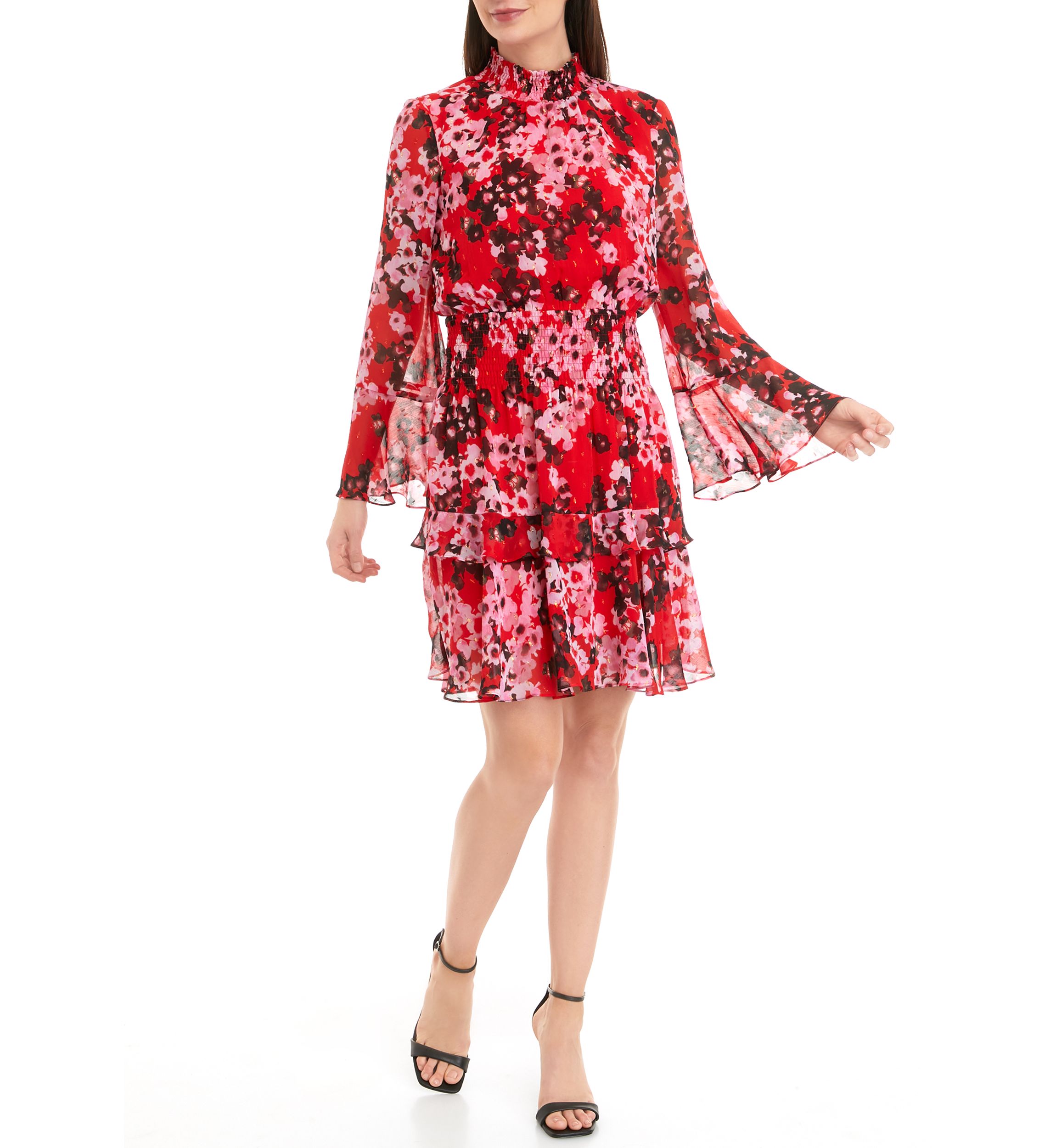 Womens Long Sleeve Mock Neck Smocked Waist Floral Print Fit and Flare Dress