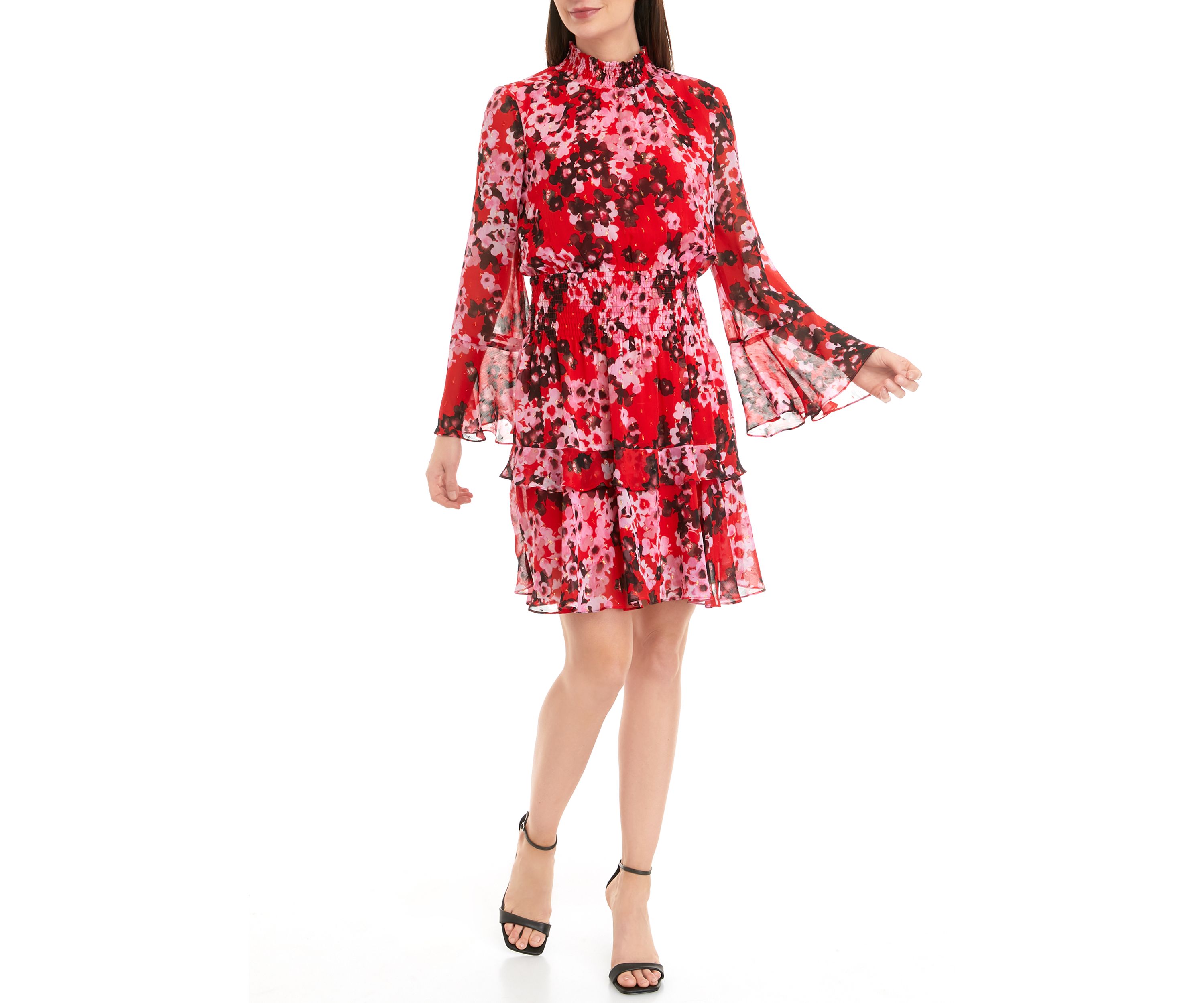 Womens Long Sleeve Mock Neck Smocked Waist Floral Print Fit and Flare Dress