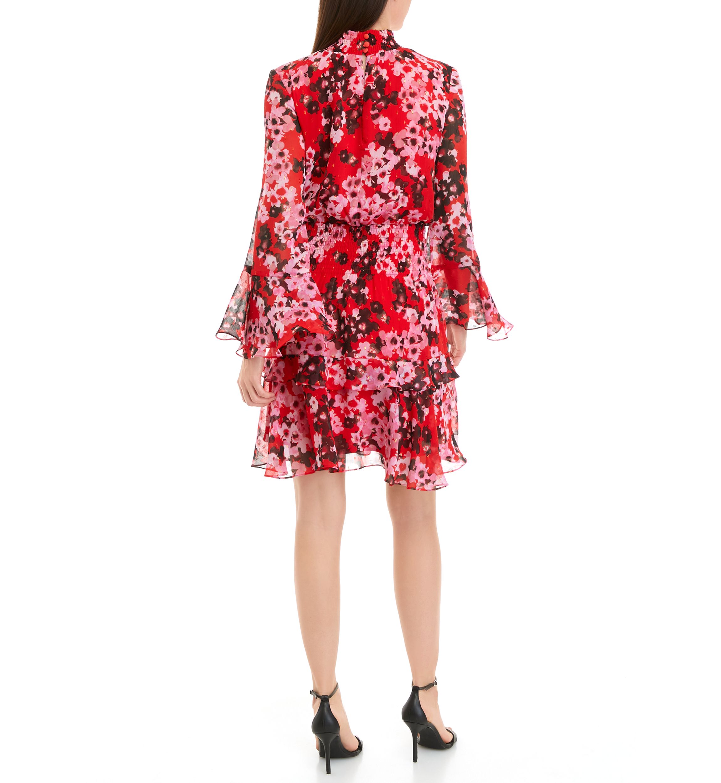 Womens Long Sleeve Mock Neck Smocked Waist Floral Print Fit and Flare Dress