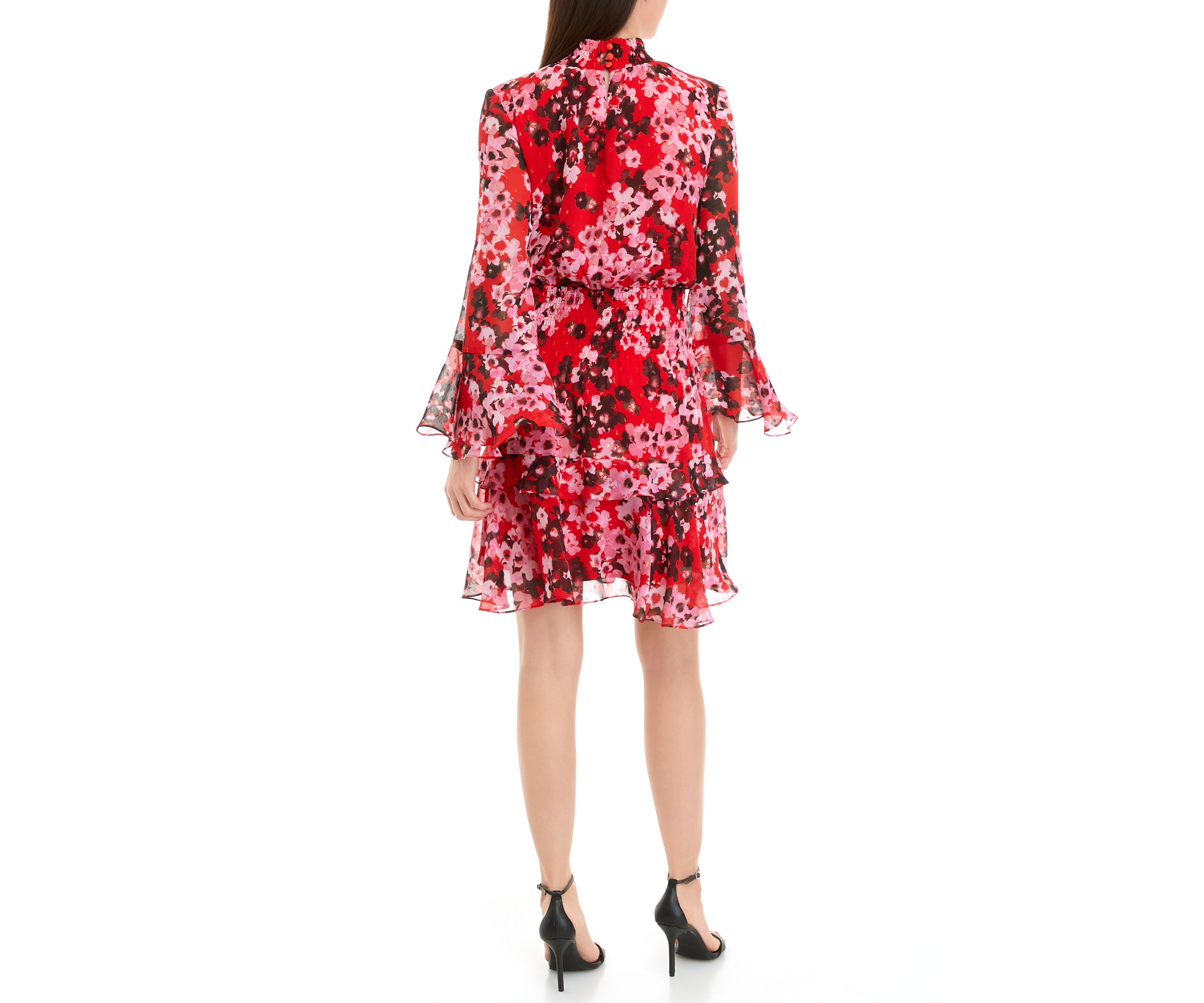 Womens Long Sleeve Mock Neck Smocked Waist Floral Print Fit and Flare Dress