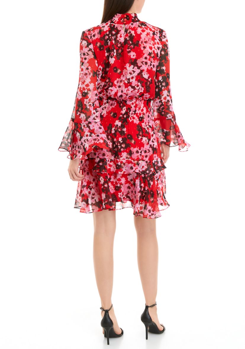 Womens Long Sleeve Mock Neck Smocked Waist Floral Print Fit and Flare Dress