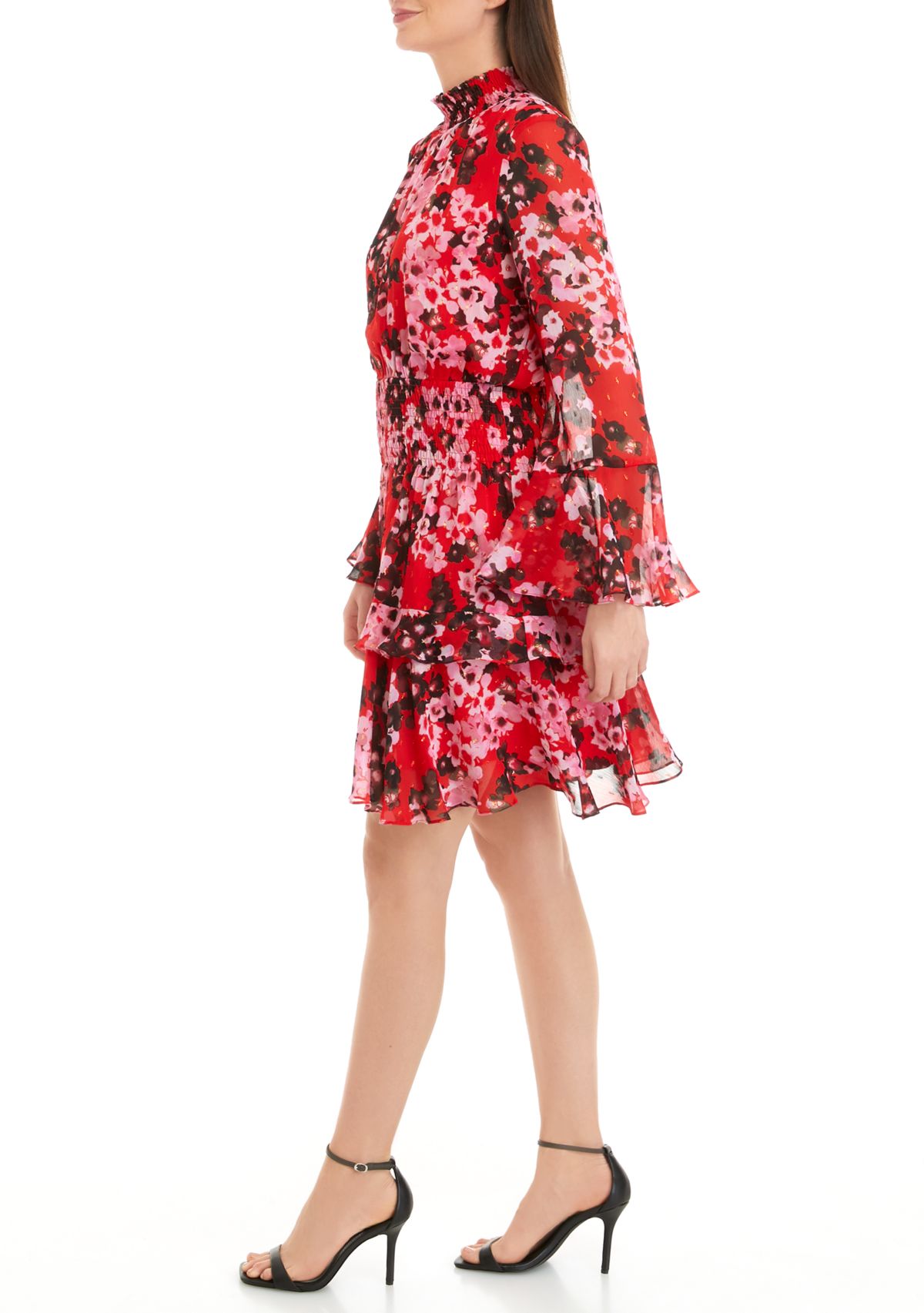 Womens Long Sleeve Mock Neck Smocked Waist Floral Print Fit and Flare Dress