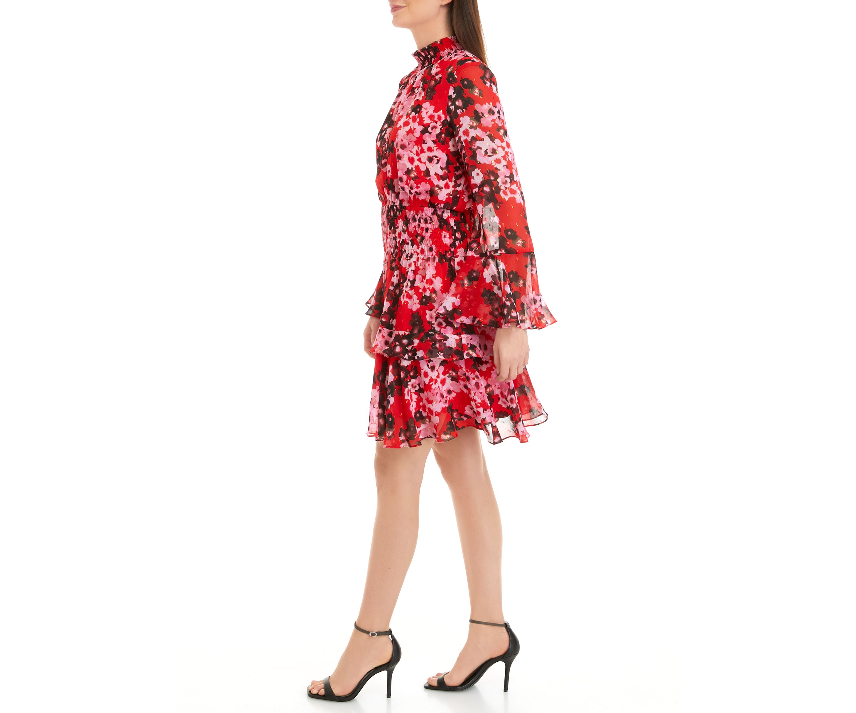 Womens Long Sleeve Mock Neck Smocked Waist Floral Print Fit and Flare Dress