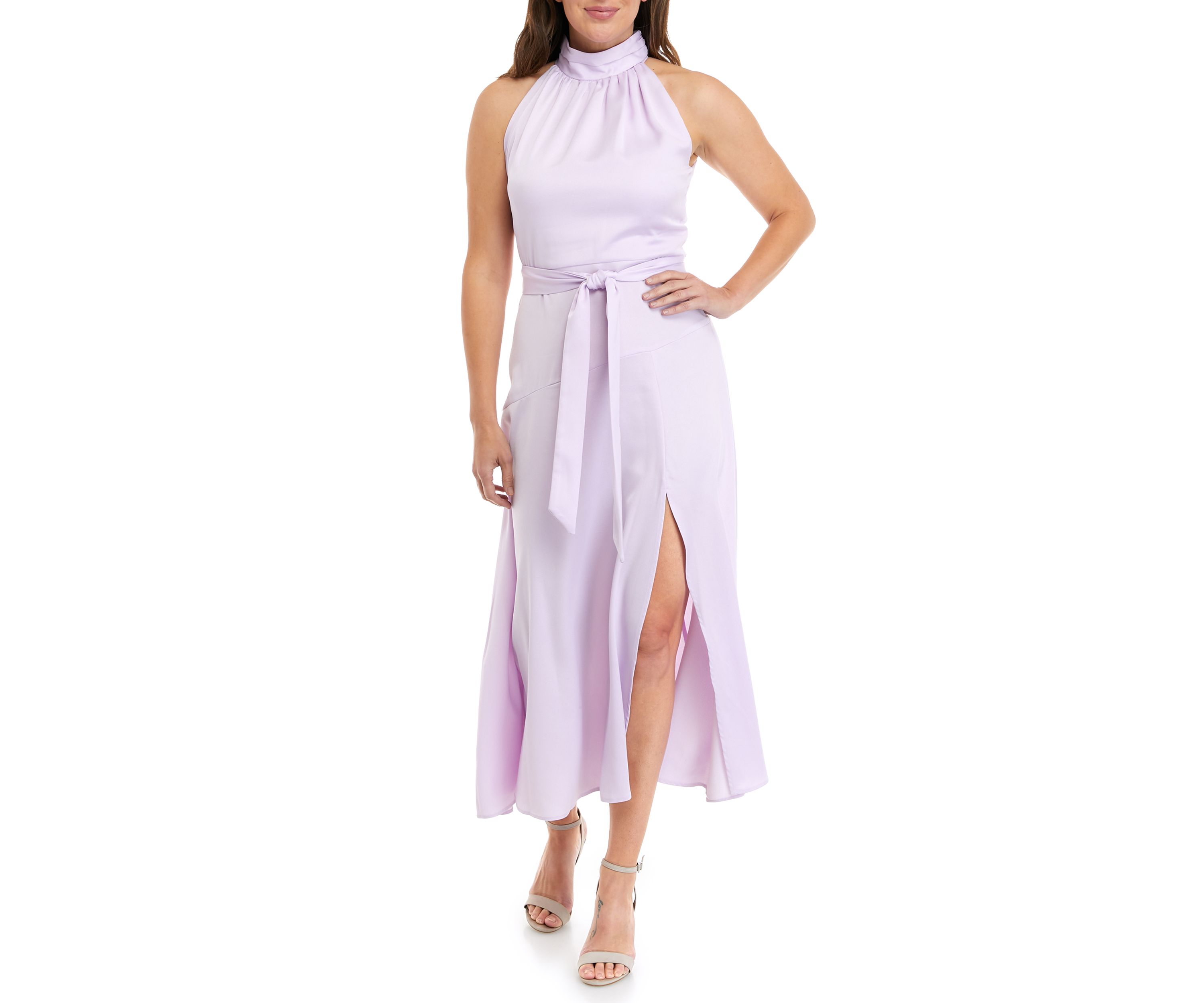 Womens Sleeveless Halter Neck Tie Waist Satin Dress
