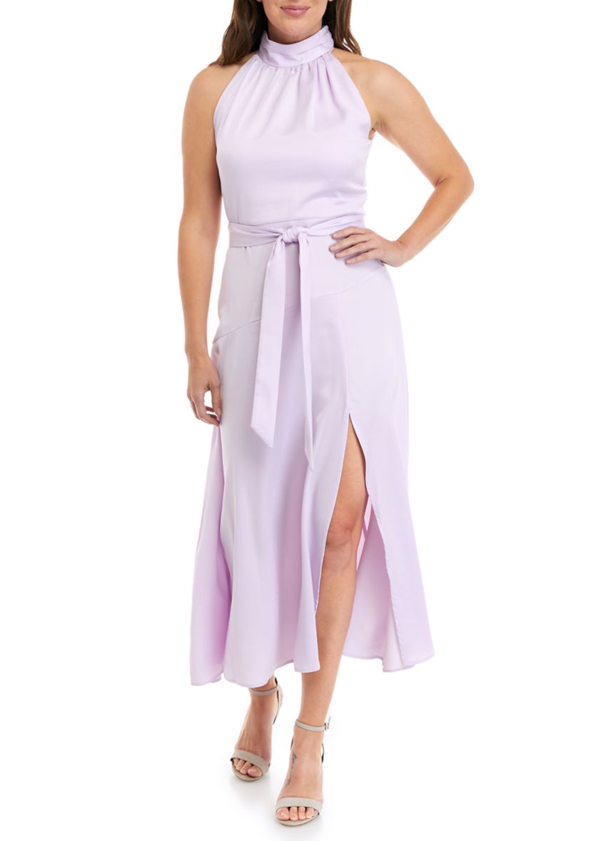 Womens Sleeveless Halter Neck Tie Waist Satin Dress