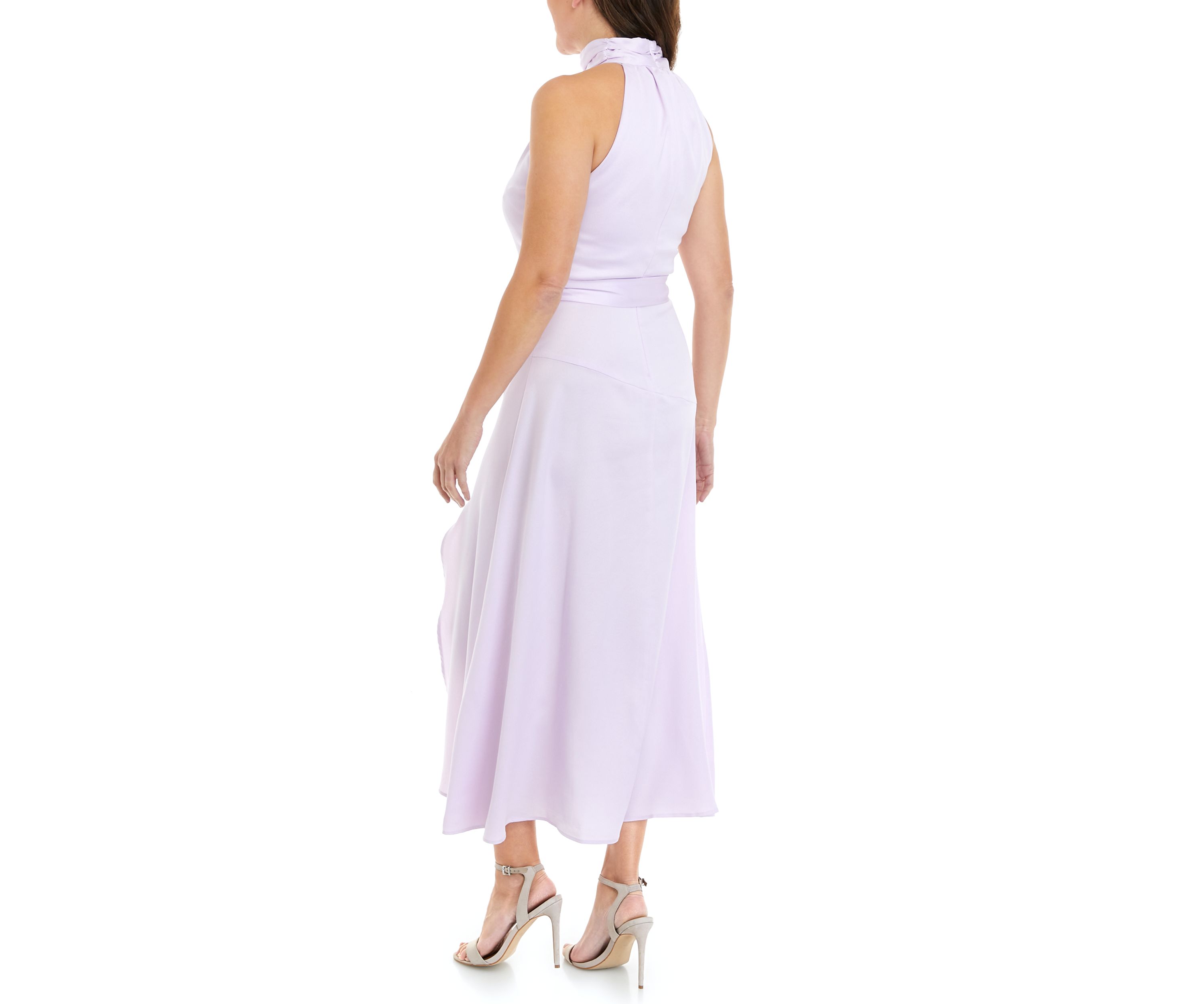 Womens Sleeveless Halter Neck Tie Waist Satin Dress