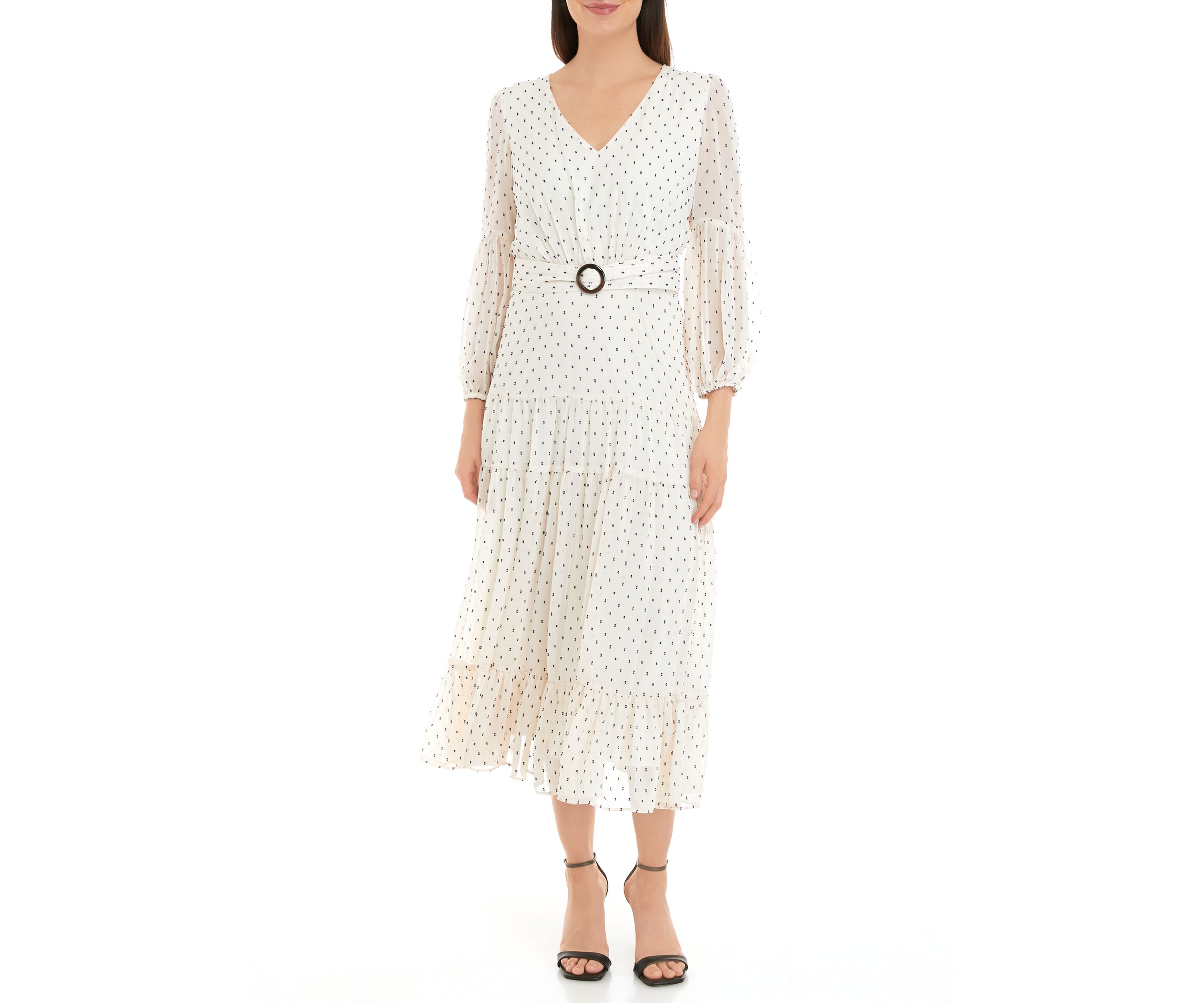 Womens 3/4 Sleeve V-Neck Belt Waisted Printed Fit and Flare Midi Dress
