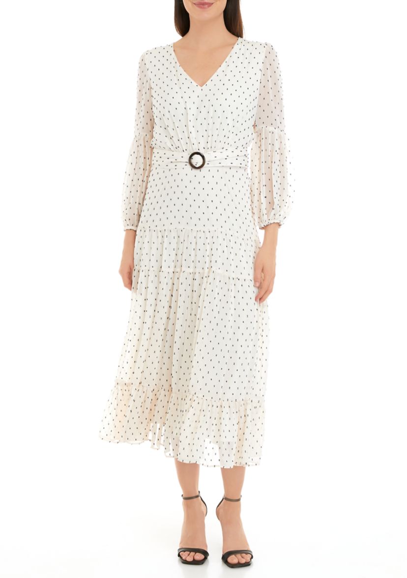 Womens 3/4 Sleeve V-Neck Belt Waisted Printed Fit and Flare Midi Dress